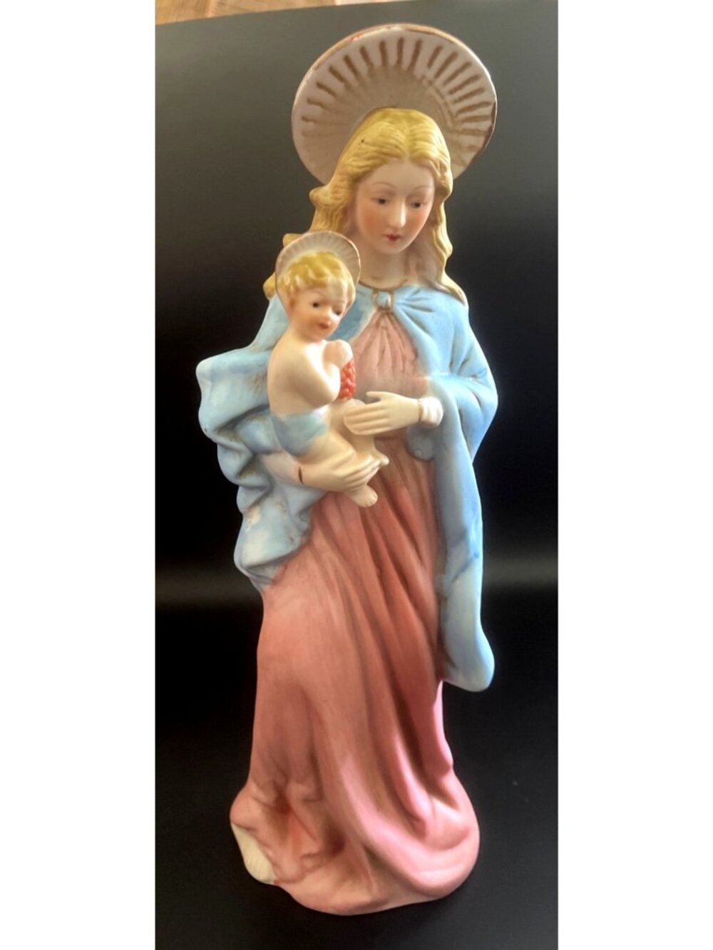 Vtg Hand-Painted Bisque Porcelain Madonna & Child Religious Decor Taiwan